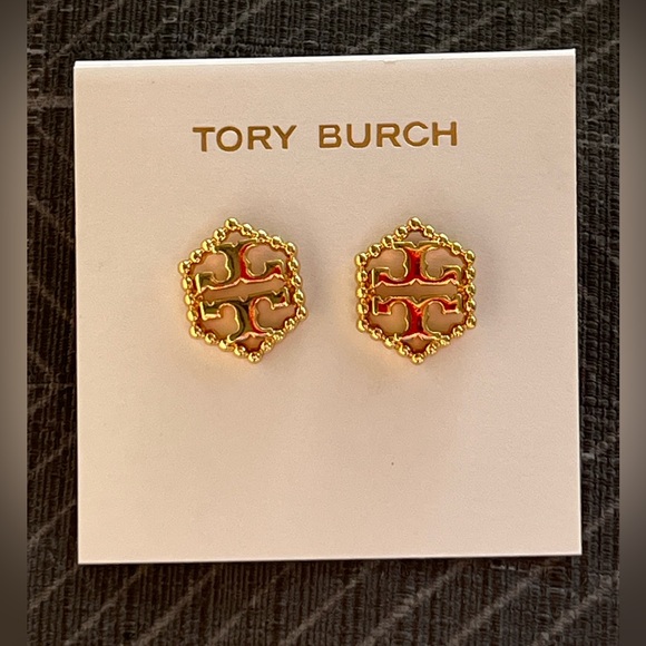 NWOT Tory Burch Kira Gold Toned Logo T Pave Stud Earrings - Picture 7 of 7